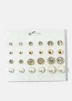 Gold 12-Pair Flower & Pearl Stud Earrings