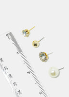 Silver 12-Pair Flower & Pearl Stud Earrings