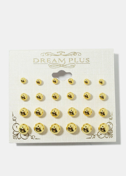 12-Pair Ball Stud Earrings - Gold
