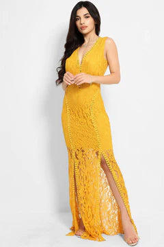Mustard Crochet Lace Twin Front Split Maxi Fishtail Dress