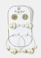 3-Pair Pearl Stud & Hoop Flower Earrings - Gold