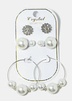 3-Pair Pearl Stud & Hoop Flower Earrings - Silver
