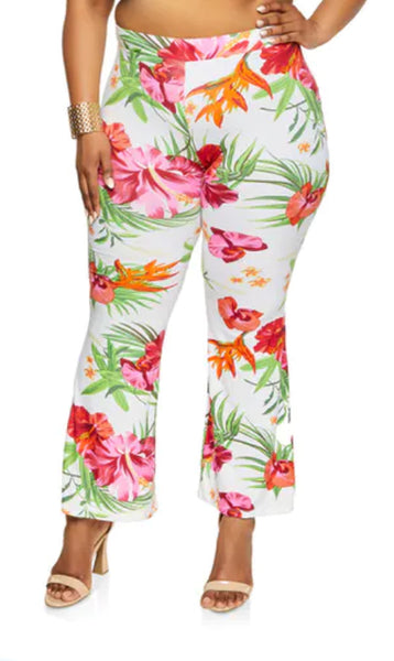 Plus Size Tropical Print Flare Pants