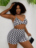 Allover Geo Print Tie Backless Halter Top & Shorts