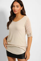 Beige Mesh Layer Over Sequins Rolled Sleeves Top 