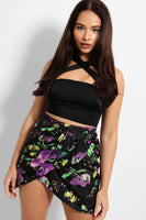 Black Abstract Print Overlayed Mini Skirt