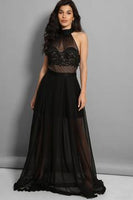 Black Chiffon Overlay Halter-Neck Lace Dress