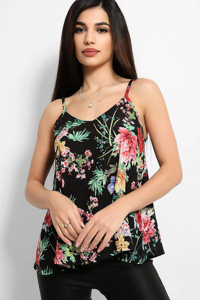 Black Floral Print Swing Strappy Top 