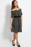 Black-Grey Plaid Print Off Shoulder Dress