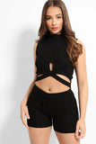 Black Half Cross Wrap Knitted Crop Top And Shorts Lounge Set
