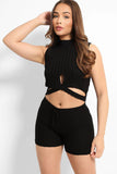 Black Half Cross Wrap Knitted Crop Top And Shorts Lounge Set