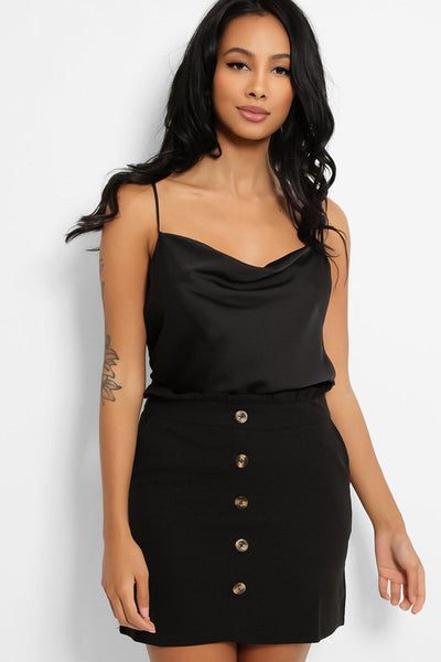 Black Paper-bag Waist Buttons Front Skirt