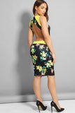 Black Yellow Floral Print Open Back Midi Dress