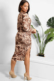 Brown Marble Swirl Print Ruched And Split Side Midi Dress