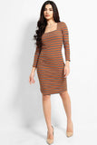 Brown Stripy Square Neckline Dress