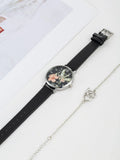 Black Floral Round Pointer Quartz Watch & Bracelet