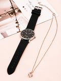 Black  Minimalist Round Pointer Quartz Watch & Necklace