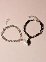 Black/Silver 2pcs Couple Heart Decor Bracelet