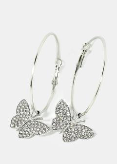 Butterfly Dangle Hoop Earrings - Silver