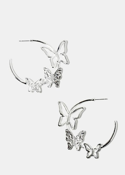 3 Butterflies Hoop Earrings - Silver