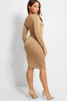 Camel Lace Up Front Detail Bodycon Midi Dress