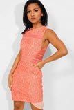 Coral Lace Asymmetric Hem Sleeveless Bodycon Dress