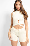 Cream Half Cross Wrap Knitted Crop Top And Shorts Lounge Set 