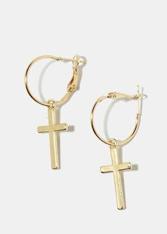 Cross Dangle Hoop Earrings - Gold