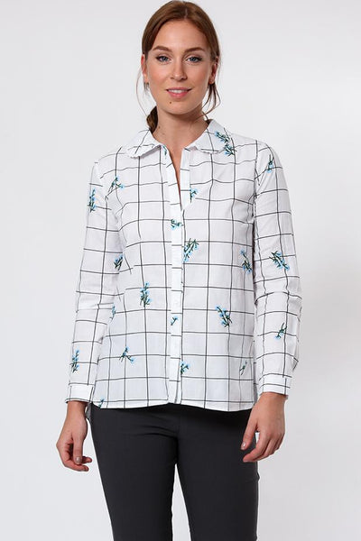 White Floral Embroidered Checked Cotton Shirt
