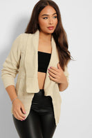 Cream Folded Lapel Knitted Open Front Cardigan