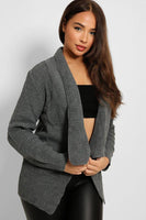 Grey Folded Lapel Knitted Open Front Cardigan