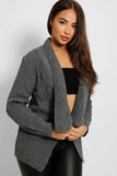 Grey Folded Lapel Knitted Open Front Cardigan