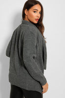 Grey Folded Lapel Knitted Open Front Cardigan