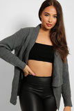 Grey Folded Lapel Knitted Open Front Cardigan