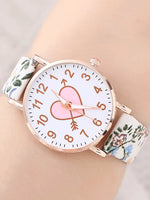 Floral Heart Print Dial Quartz Watch & Bracelet