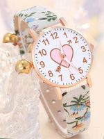 Floral Heart Print Dial Quartz Watch & Bracelet