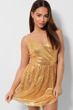 Gold V-Neck Sequined Cami Skater Dress