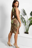 Green Marble Swirl Print Side Split Sleeveless Midi Dress 