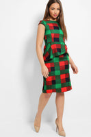 Green Red Front Fold Detail Cap Sleeves Dress