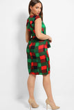 Green Red Front Fold Detail Cap Sleeves Dress