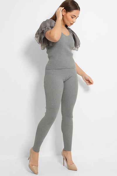 Grey Frill Bardot Shoulders Knitted Set