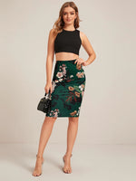 Green Floral Print Pencil Skirt