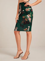 Green Floral Print Pencil Skirt