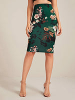 Green Floral Print Pencil Skirt