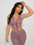 Houndstooth Graphic Tie Front Crop Top & Leggings Set