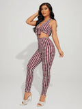 Houndstooth Graphic Tie Front Crop Top & Leggings Set