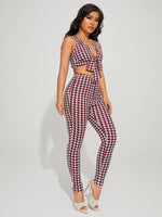 Houndstooth Graphic Tie Front Crop Top & Leggings Set