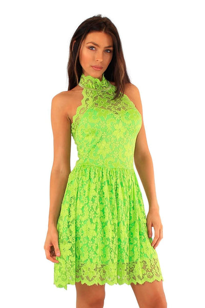 High Neck Lace Skater Dress - Lime Green