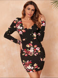 BLACK FLORAL PRINT SCALLOP TRIM BODYCON DRESS