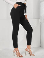 BLACK SOLID BELTED TAILORED PANTS